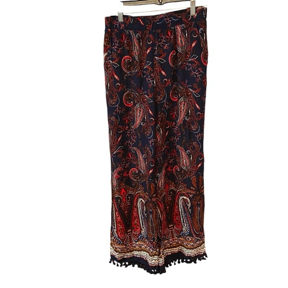 Blu Pepper Ladies Paisley Print Wide-Leg Pull On Pants Size M Navy Red Tassels - Picture 11 of 12